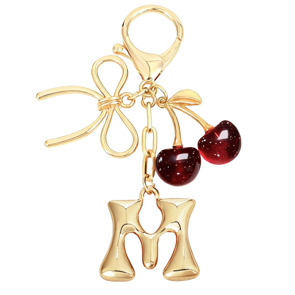 Snycler Bubble Initial Keychain with Bow & Cherry - Gold Letter Bag Charms for Women, Cute Purse Handbag Accessories