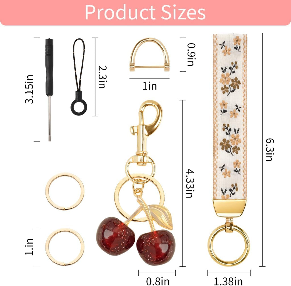 Boho Wristlet Keychain for Women Cute Floral Fabric Key Chain Lanyard Keychain with Cute Keychain Cherry
