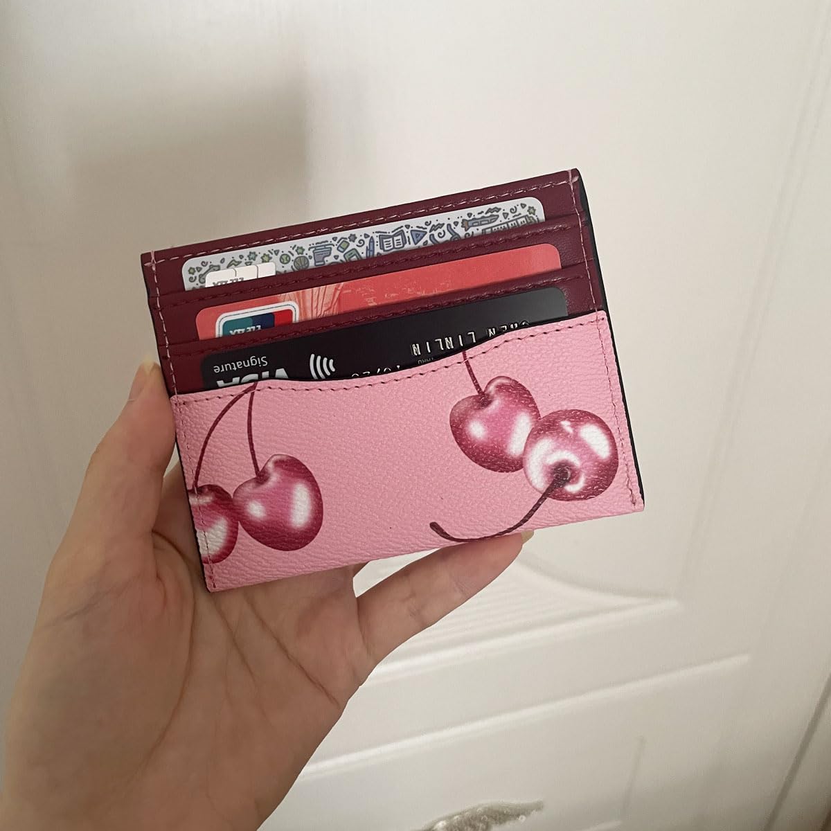 Slim Card Case Leather Credit Card Holder with Cherry Print
