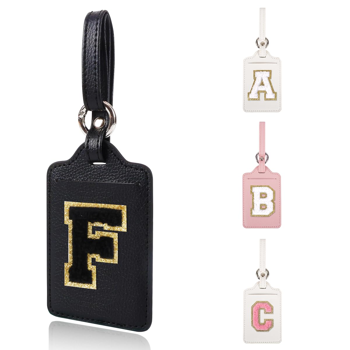 Personalized Initial Luggage Tags for Suitcases, Leather Chenille Letter Cute Luggage Tags with Privacy Name Card, Embroidered Travel Bag Backpack Tag Gifts for Women Kids Girls Teens(Pink-M)
