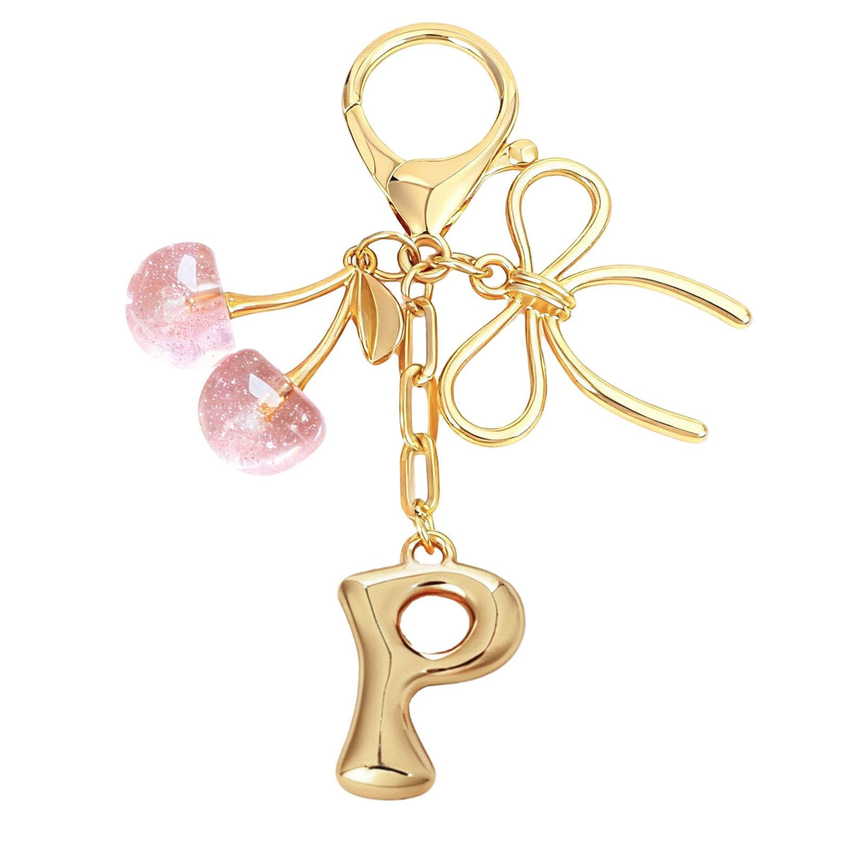 Snycler Bubble Initial Keychain with Bow & Cherry - Gold Letter Bag Charms for Women, Cute Purse Handbag Accessories