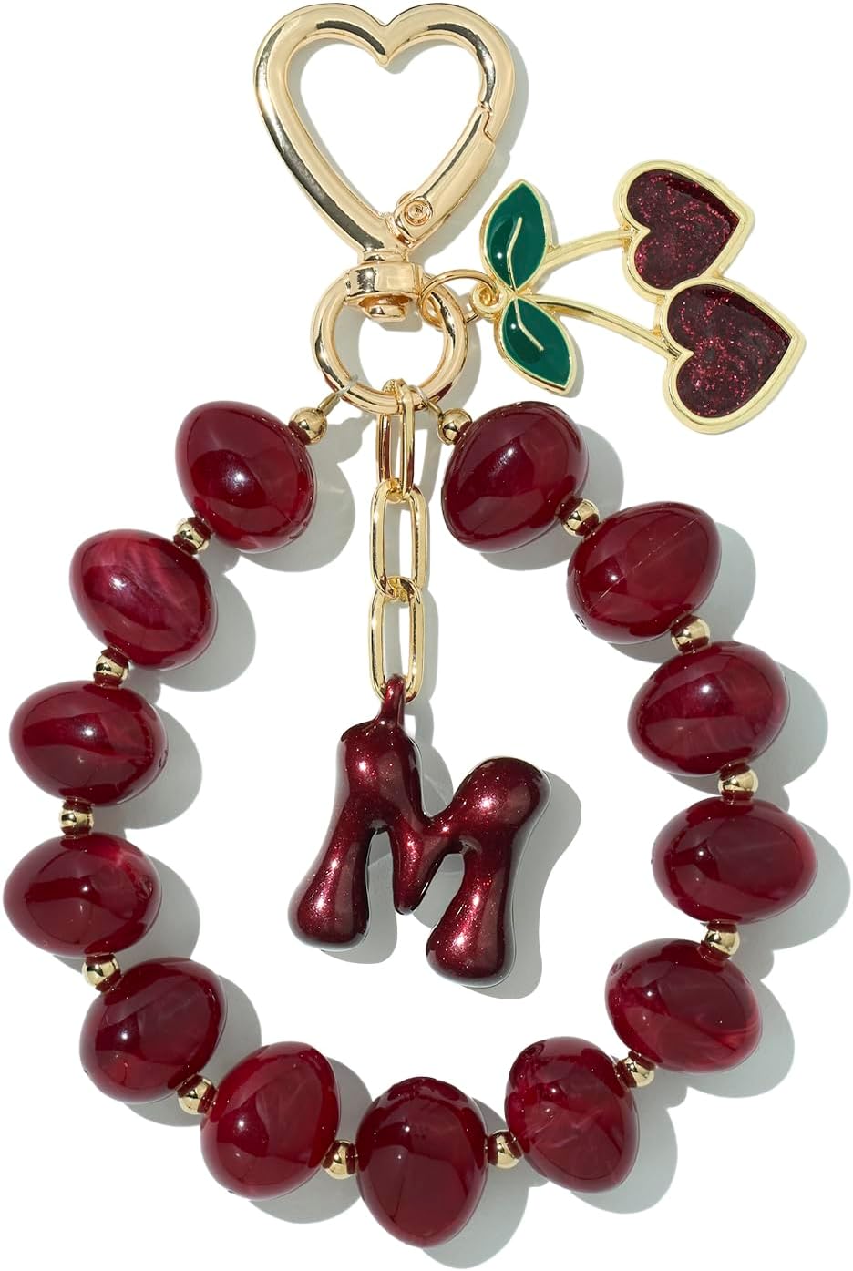 DualCozy Pink/Black Cherry Beaded Bubble Initial Bag Charm Cherry Keychain