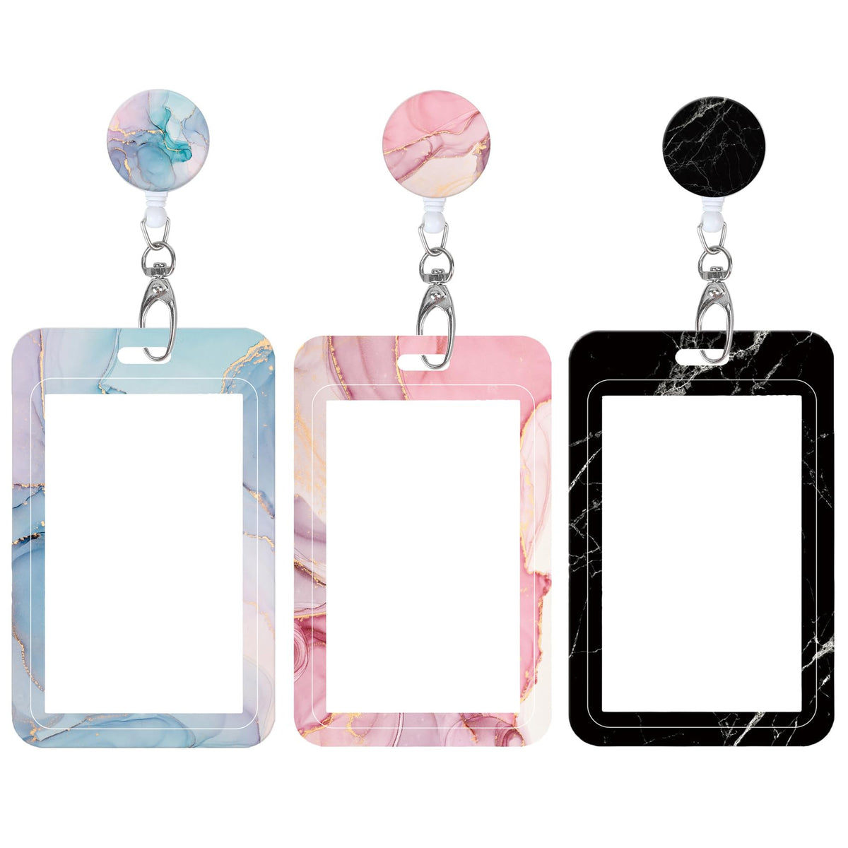 Badge Reels Retractable with Carabiner Reel Clip, Worker Badge Holder Belt Ferrule, Identity ID Badge Holder Case, Nurse Doctor Office School Teacher Name Credit Card Pocket (H-Marble Purple Pink)