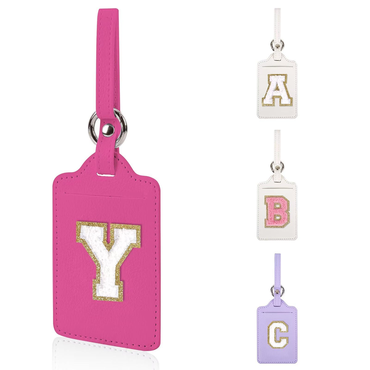 Personalized Initial Luggage Tags for Suitcases, Leather Chenille Letter Cute Luggage Tags with Privacy Name Card, Embroidered Travel Bag Backpack Tag Gifts for Women Kids Girls Teens(Pink-M)