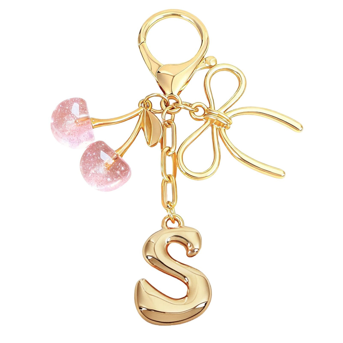 Snycler Bubble Initial Keychain with Bow & Cherry - Gold Letter Bag Charms for Women, Cute Purse Handbag Accessories