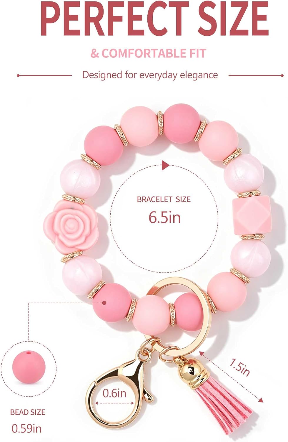 BAOSIWA Keychain Wristlet Cute Car Key Chain Holder Rose Flower Key Ring Bracelet Silicone Beaded Keychains for Women Girls