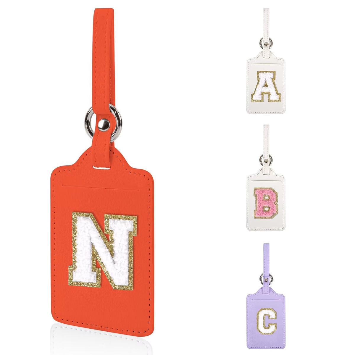 Personalized Initial Luggage Tags for Suitcases, Leather Chenille Letter Cute Luggage Tags with Privacy Name Card, Embroidered Travel Bag Backpack Tag Gifts for Women Kids Girls Teens(Pink-M)