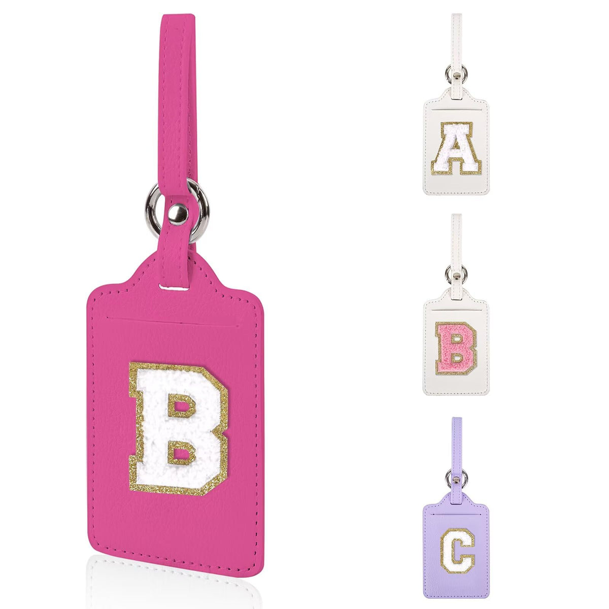 Personalized Initial Luggage Tags for Suitcases, Leather Chenille Letter Cute Luggage Tags with Privacy Name Card, Embroidered Travel Bag Backpack Tag Gifts for Women Kids Girls Teens(Pink-M)