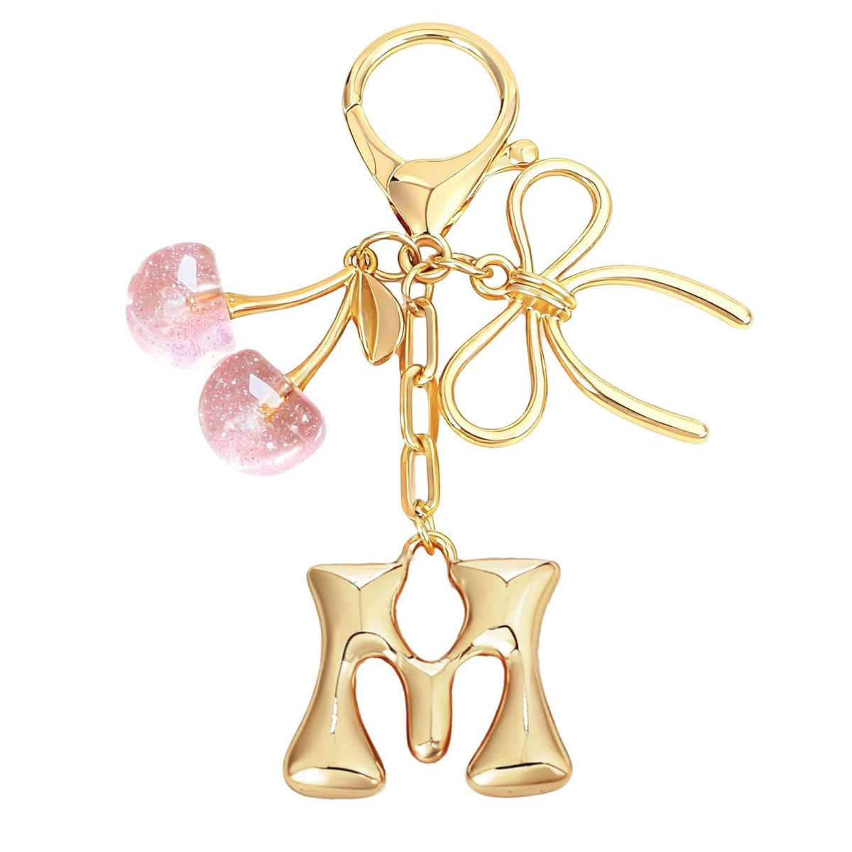 Snycler Bubble Initial Keychain with Bow & Cherry - Gold Letter Bag Charms for Women, Cute Purse Handbag Accessories