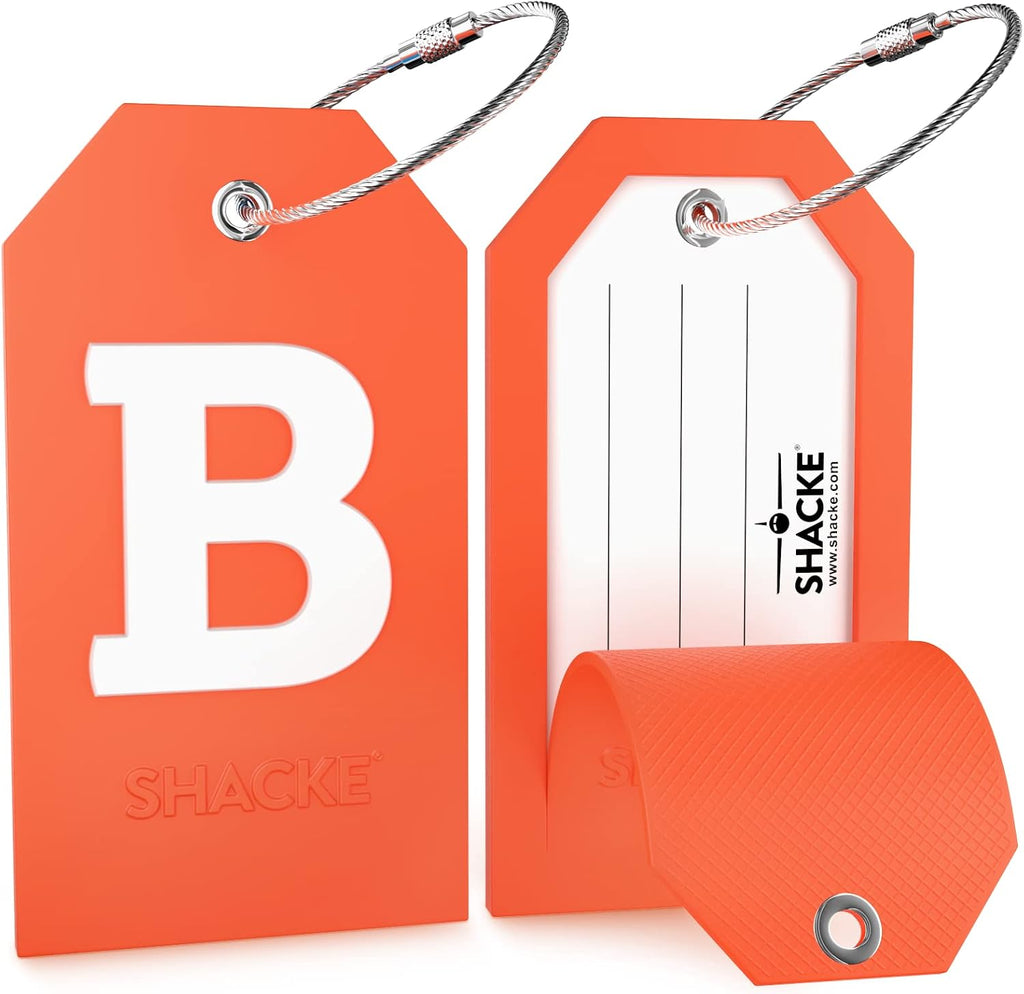 Shacke Initial Luggage Tag with Privacy Cover & Steel Loop (Orange, B)
