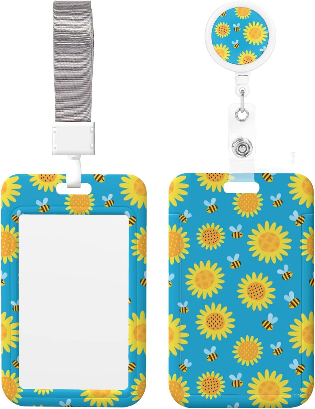 ID Badge Holder with Breakaway Lanyard and Retractable Badge Reel Clip,Cartoon Bees and Flowers Card Name Tag Lanyard Vertical ID Protector Badge Clips for Nurse Nursing Doctor Teacher