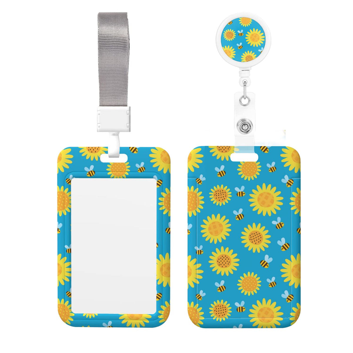 ID Badge Holder with Breakaway Lanyard and Retractable Badge Reel Clip,Cartoon Bees and Flowers Card Name Tag Lanyard Vertical ID Protector Badge Clips for Nurse Nursing Doctor Teacher