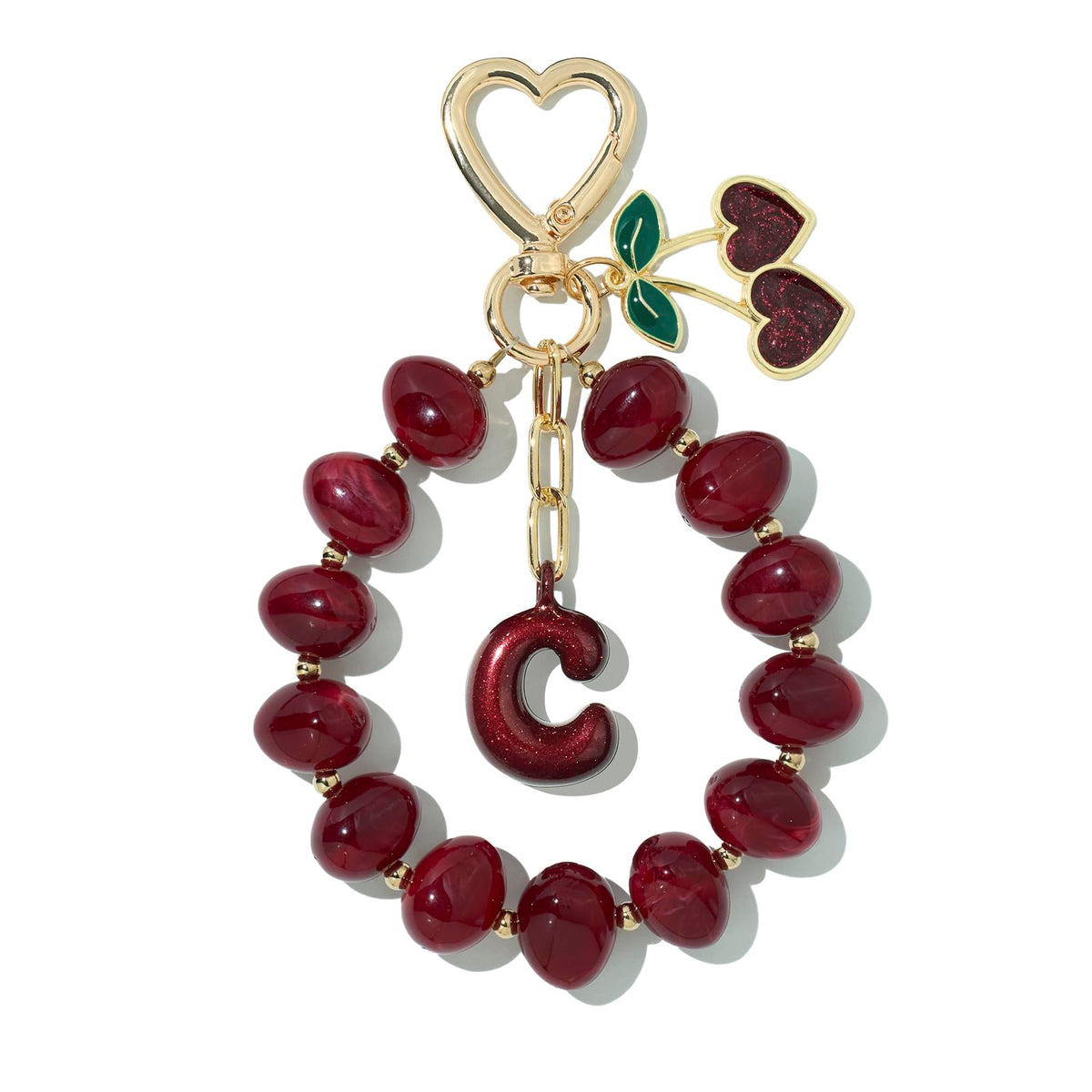 DualCozy Pink/Black Cherry Beaded Bubble Initial Bag Charm Cherry Keychain