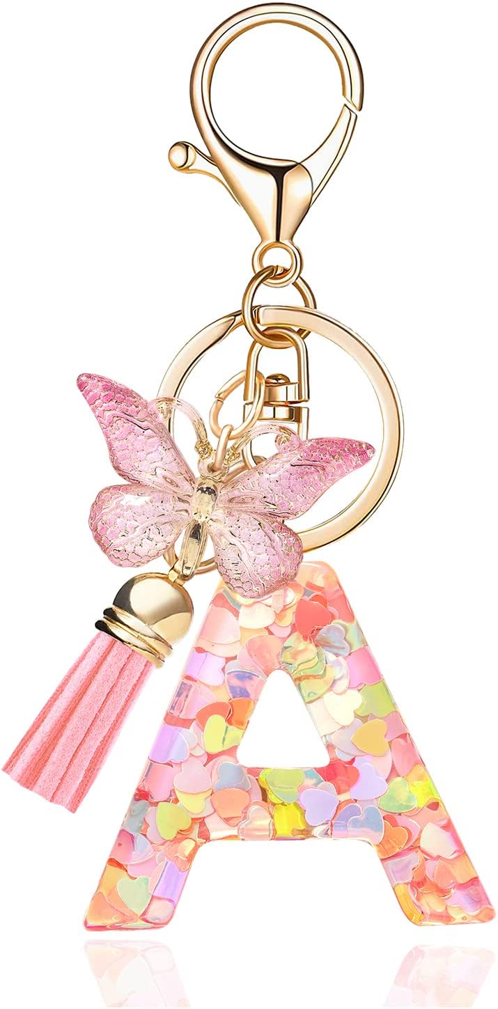 Fashion Alphabet Initial Letter Keychain Tassel Butterfly Pendant Key Ring for Purse Handbags Women Girl
