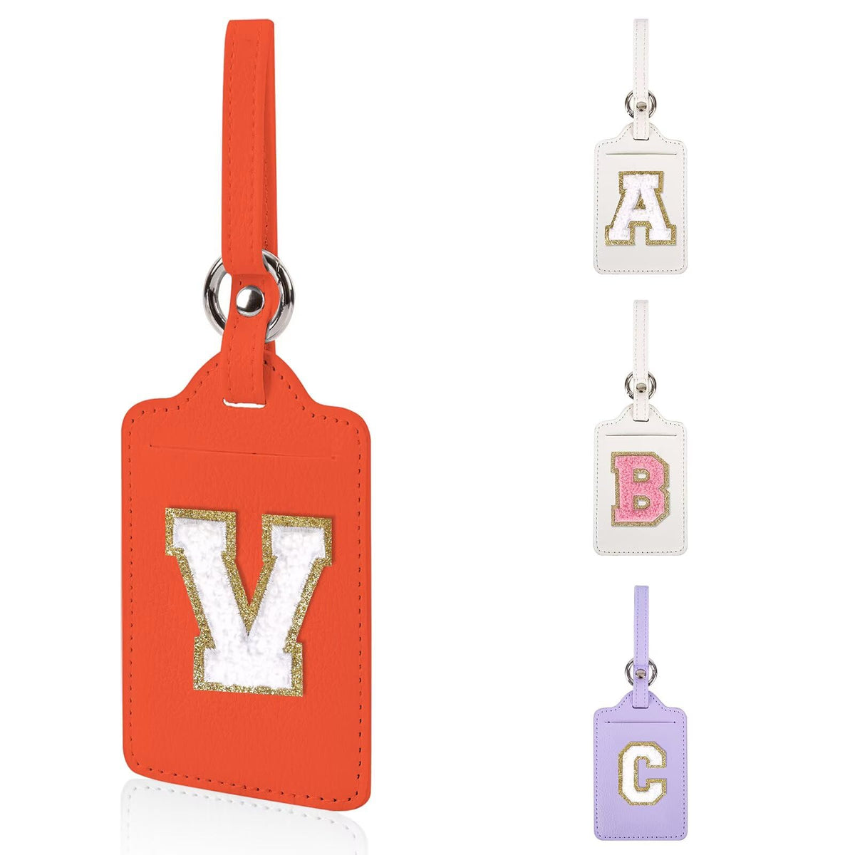 Personalized Initial Luggage Tags for Suitcases, Leather Chenille Letter Cute Luggage Tags with Privacy Name Card, Embroidered Travel Bag Backpack Tag Gifts for Women Kids Girls Teens(Pink-M)
