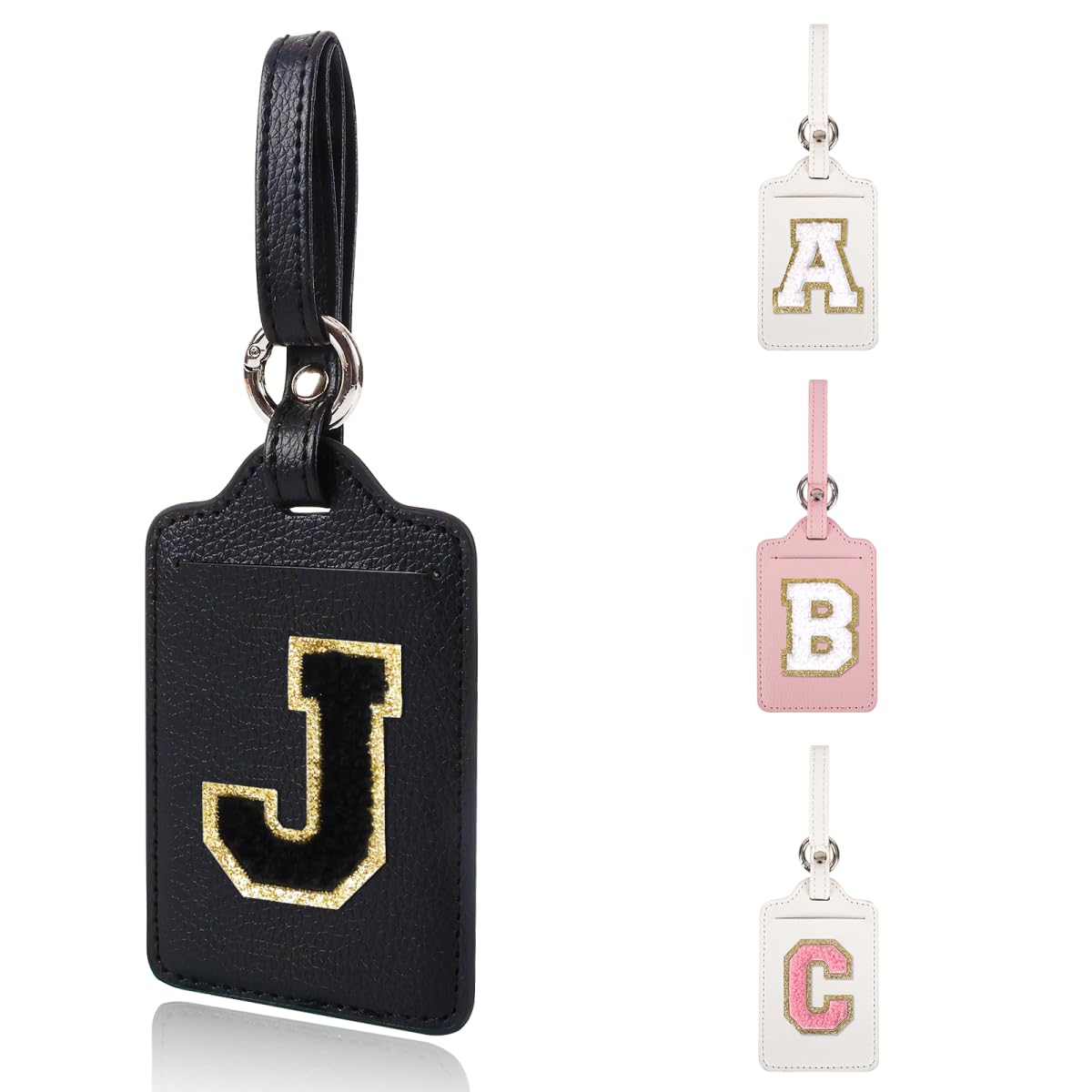 Personalized Initial Luggage Tags for Suitcases, Leather Chenille Letter Cute Luggage Tags with Privacy Name Card, Embroidered Travel Bag Backpack Tag Gifts for Women Kids Girls Teens(Pink-M)
