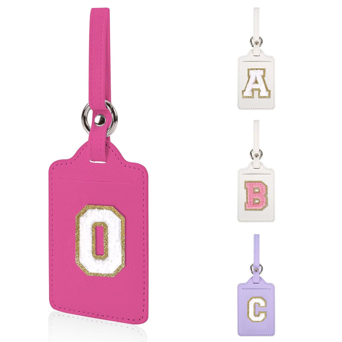 Personalized Initial Luggage Tags for Suitcases, Leather Chenille Letter Cute Luggage Tags with Privacy Name Card, Embroidered Travel Bag Backpack Tag Gifts for Women Kids Girls Teens(Pink-M)