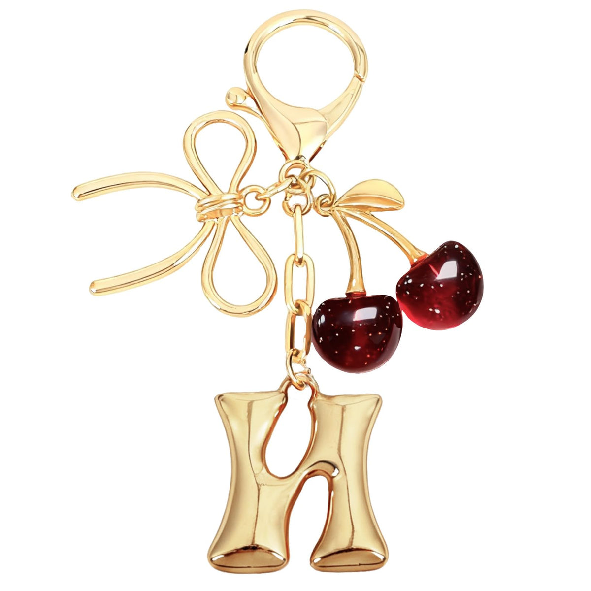 Snycler Bubble Initial Keychain with Bow & Cherry - Gold Letter Bag Charms for Women, Cute Purse Handbag Accessories