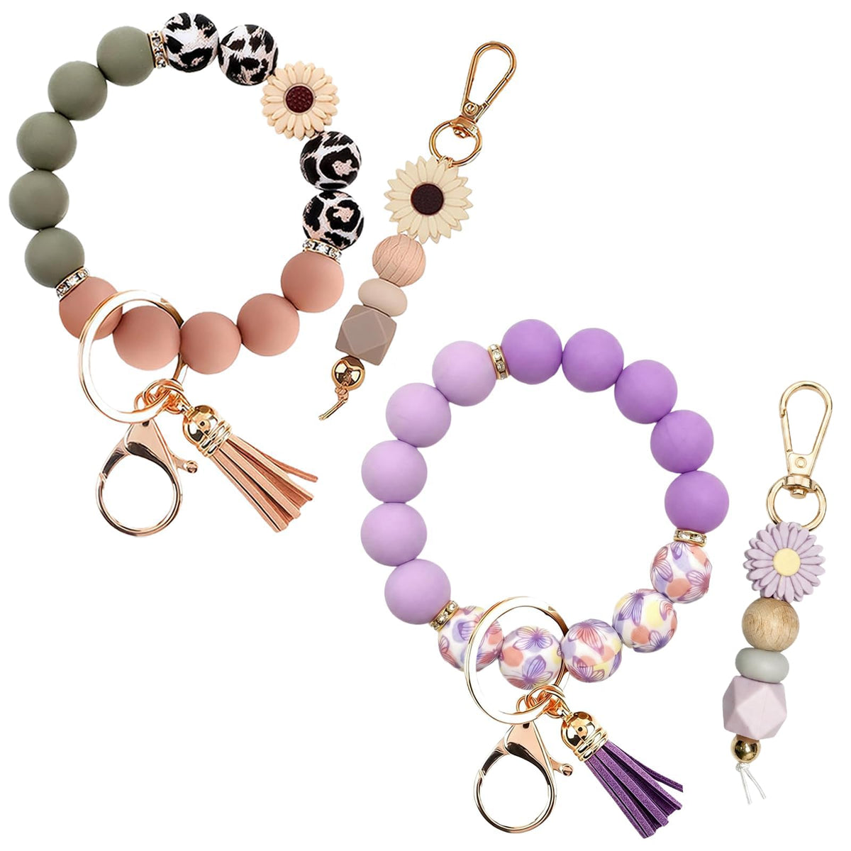 2PCS Bracelet Key Ring Set, Cute Car Key chain Wristlet, Silicone Beaded Bangle keyChains for Women Girls