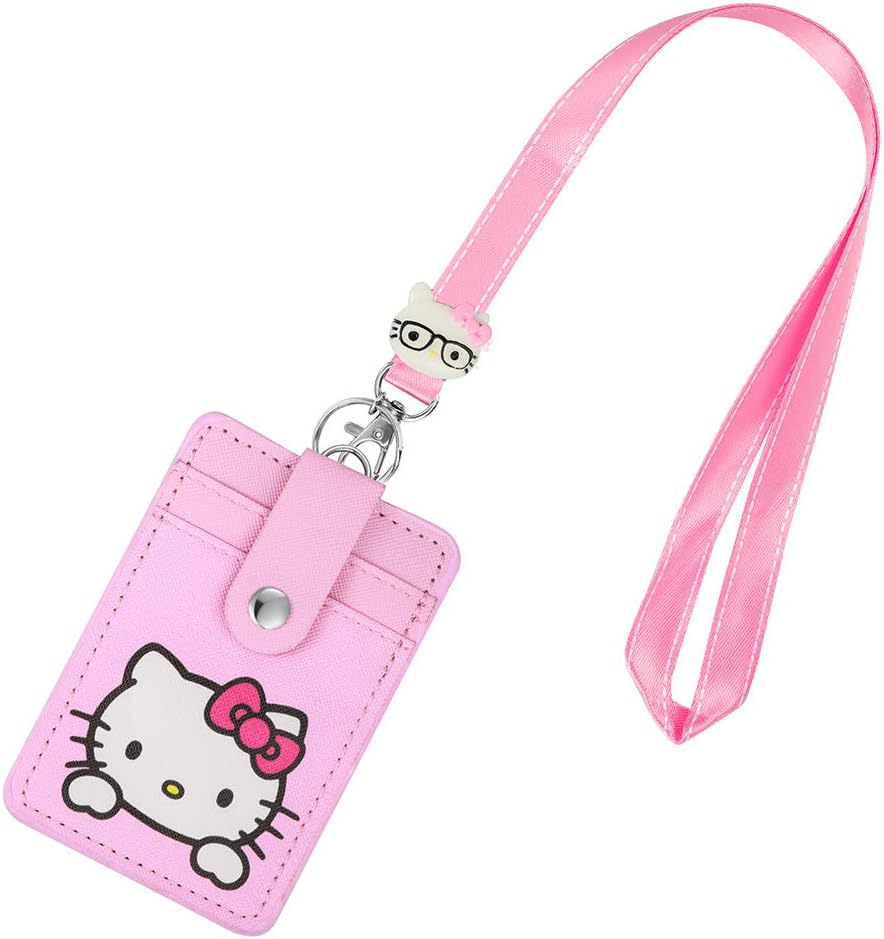 【2025 Latest】 Woosifun ID Badge Holder Cute Credit Card Case Neck Pouch Lanyard with Cartoon Shield Keychain for Students Teens Boys Girls Staff Women (Pink Cat)