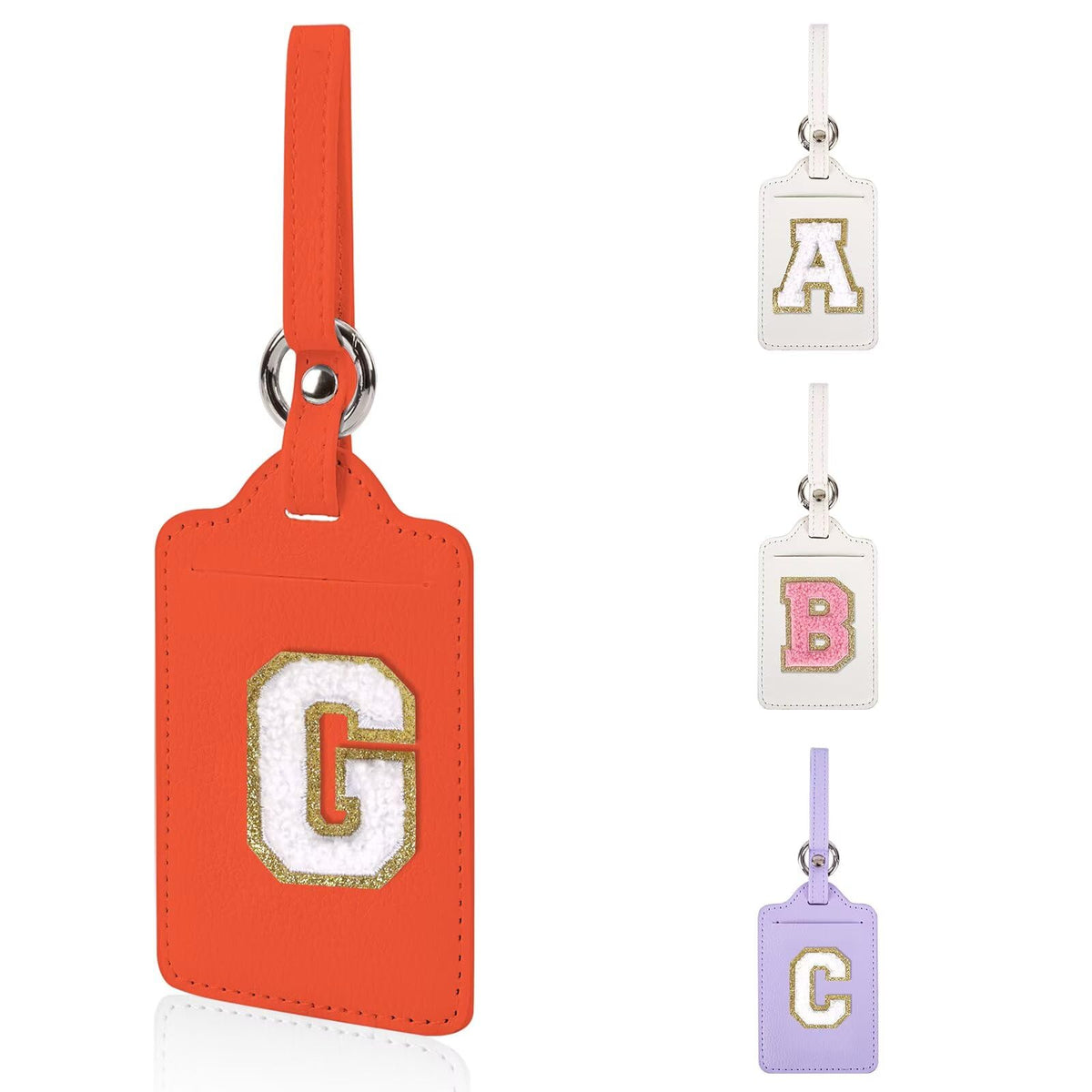 Personalized Initial Luggage Tags for Suitcases, Leather Chenille Letter Cute Luggage Tags with Privacy Name Card, Embroidered Travel Bag Backpack Tag Gifts for Women Kids Girls Teens(Pink-M)