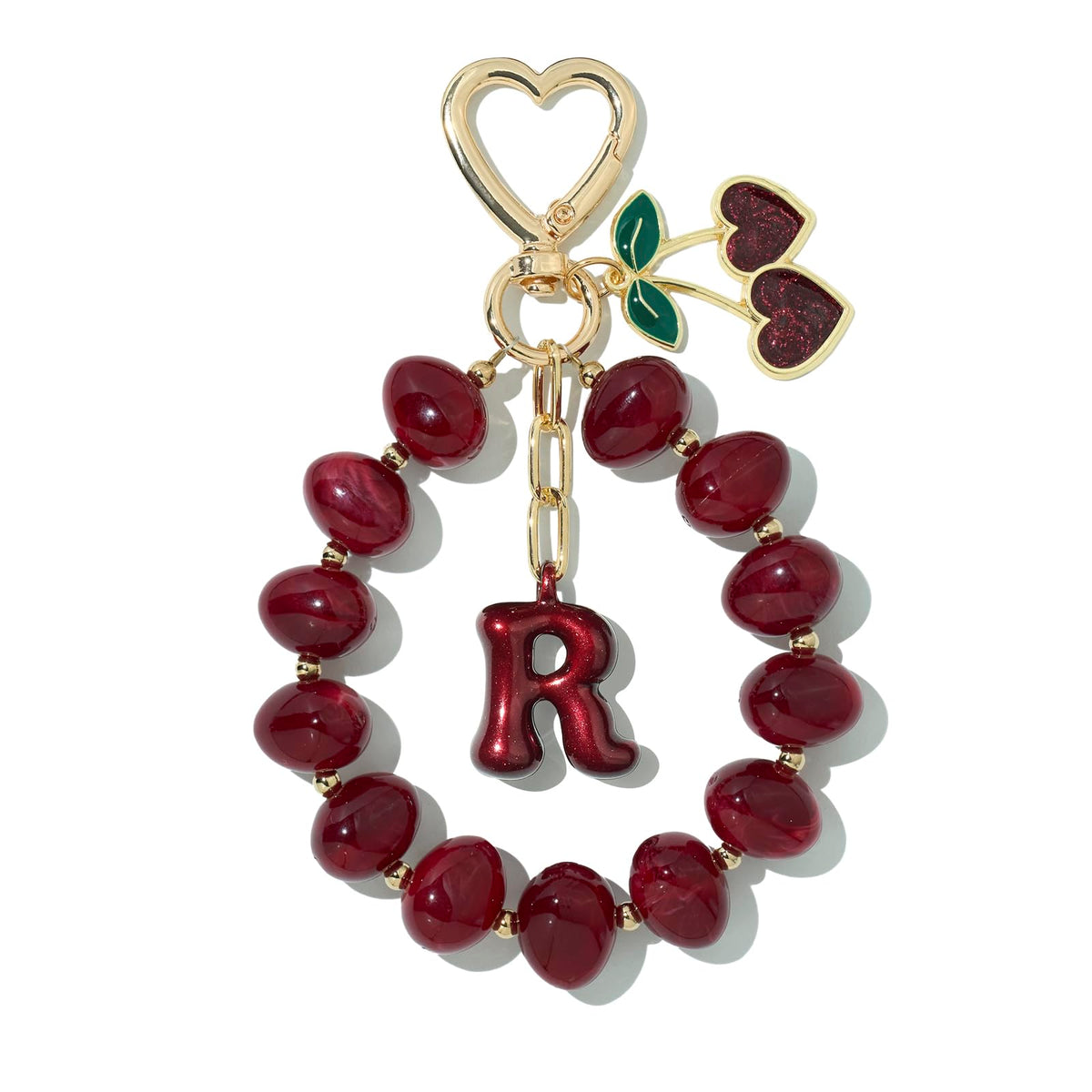 DualCozy Pink/Black Cherry Beaded Bubble Initial Bag Charm Cherry Keychain