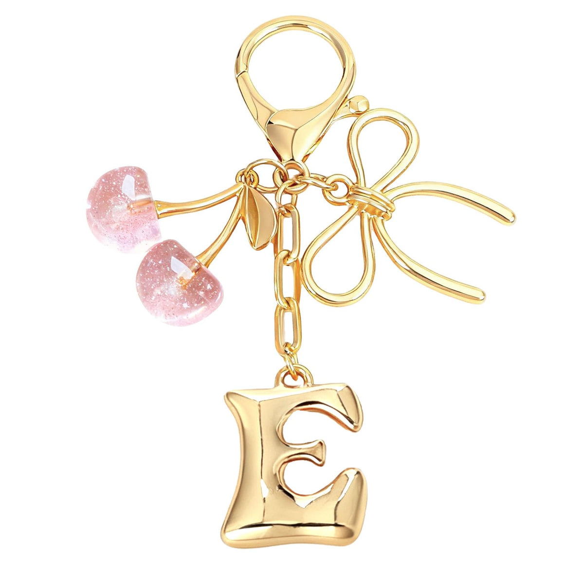 Snycler Bubble Initial Keychain with Bow & Cherry - Gold Letter Bag Charms for Women, Cute Purse Handbag Accessories