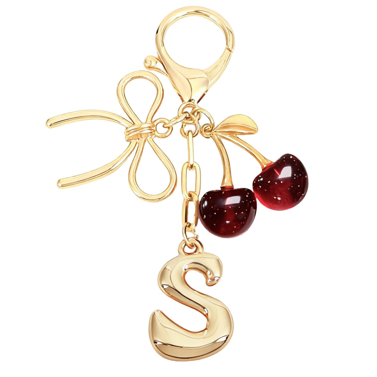 Snycler Bubble Initial Keychain with Bow & Cherry - Gold Letter Bag Charms for Women, Cute Purse Handbag Accessories