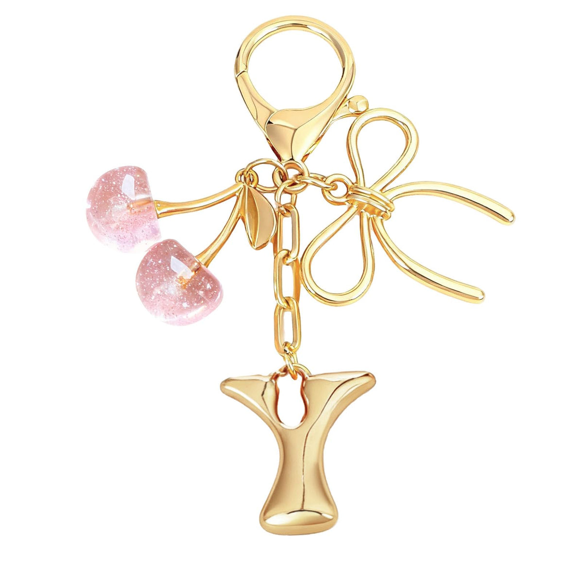 Snycler Bubble Initial Keychain with Bow & Cherry - Gold Letter Bag Charms for Women, Cute Purse Handbag Accessories