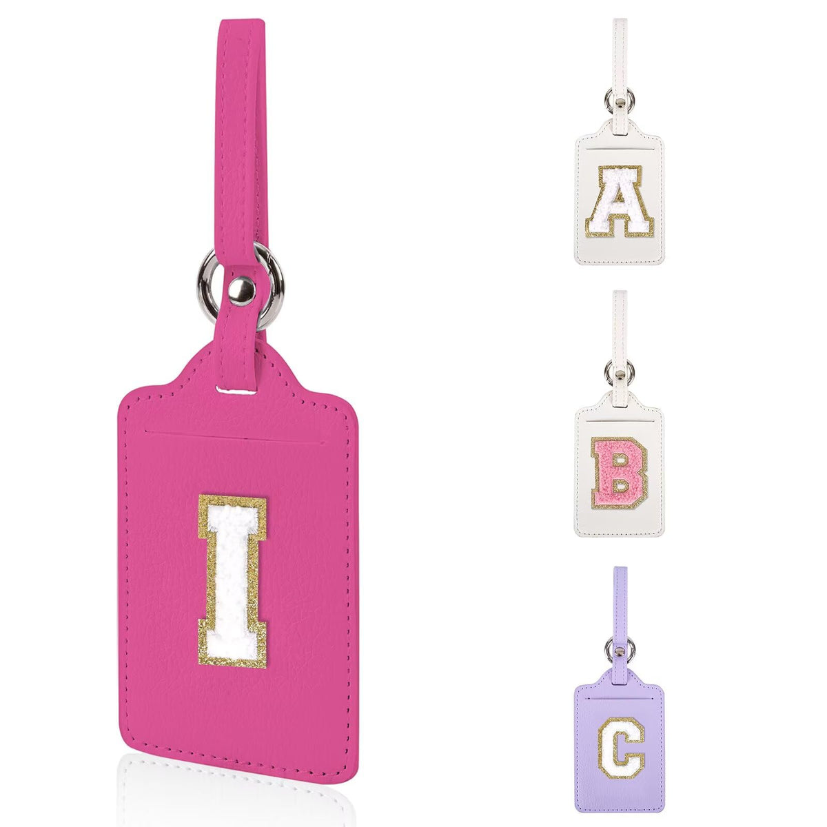 Personalized Initial Luggage Tags for Suitcases, Leather Chenille Letter Cute Luggage Tags with Privacy Name Card, Embroidered Travel Bag Backpack Tag Gifts for Women Kids Girls Teens(Pink-M)
