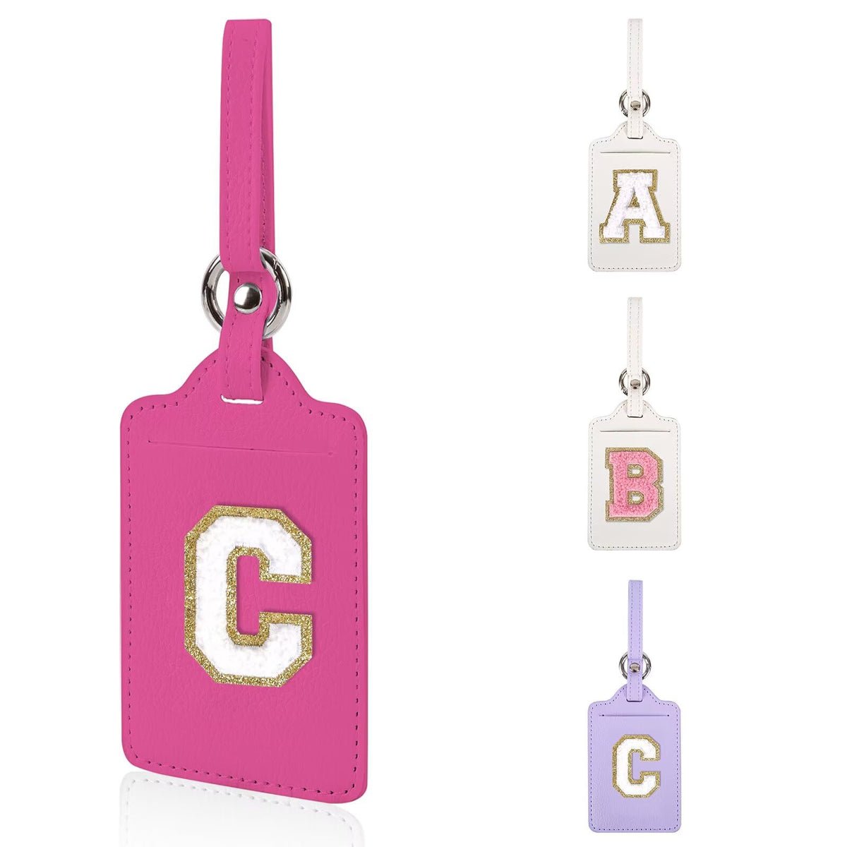 Personalized Initial Luggage Tags for Suitcases, Leather Chenille Letter Cute Luggage Tags with Privacy Name Card, Embroidered Travel Bag Backpack Tag Gifts for Women Kids Girls Teens(Pink-M)