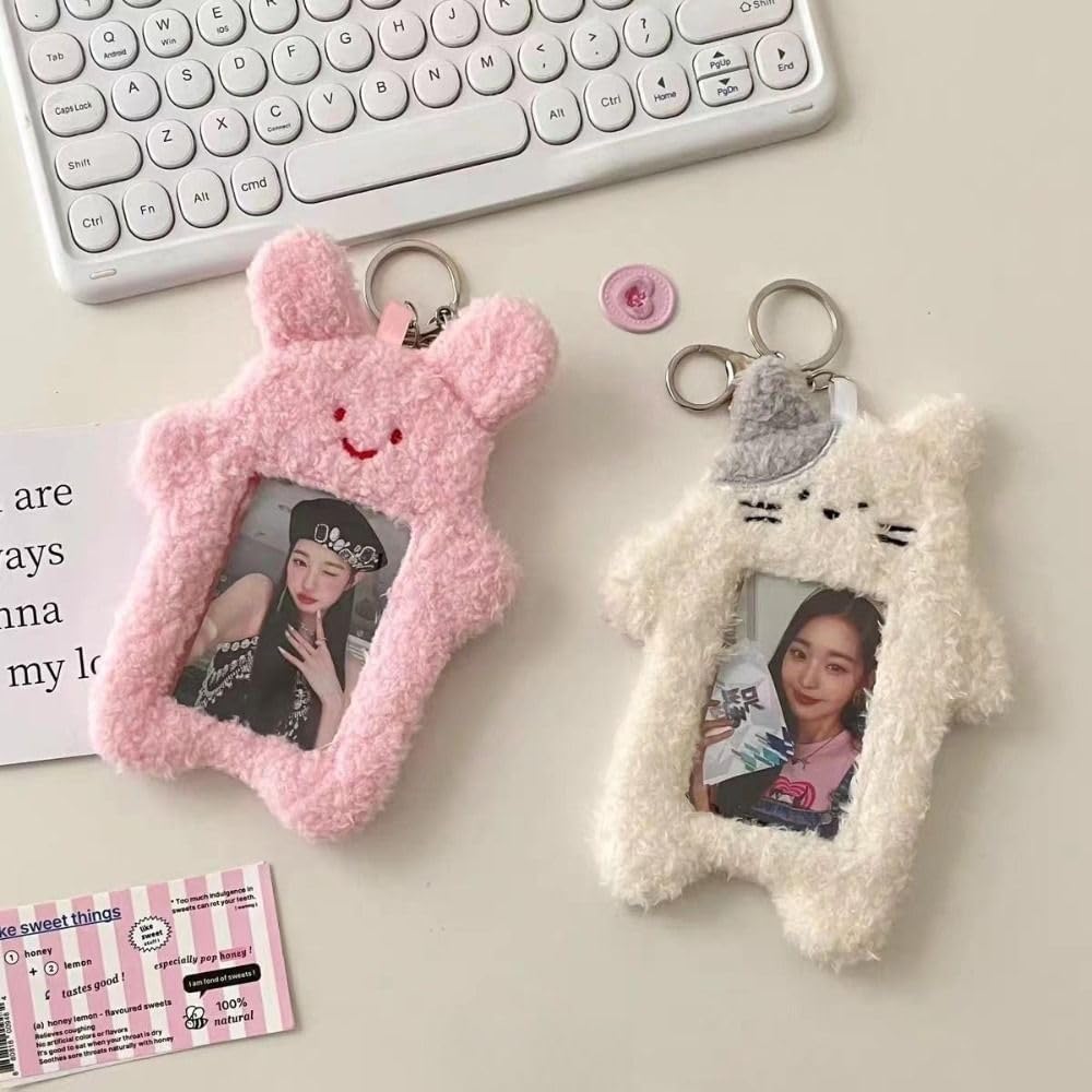 Pink Cute Plush Cartoon Bear Rabbit Photo Set With Keychain, ID Bank Credit Card Holder Protector, Stationery Identification Badge And Supplies