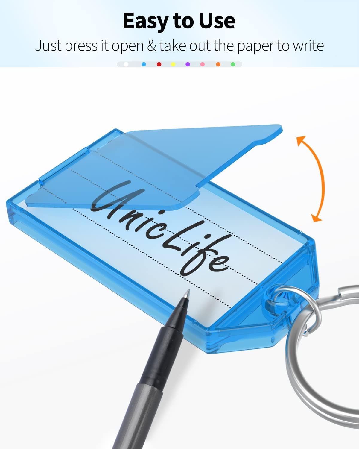 Uniclife 10 Pieces Key Tags 2 Inch Plastic Key Chain Tags with Ruled Blank Paper Labels Transparent Covers and Split Rings Sturdy Item Identifiers, 8 Colors