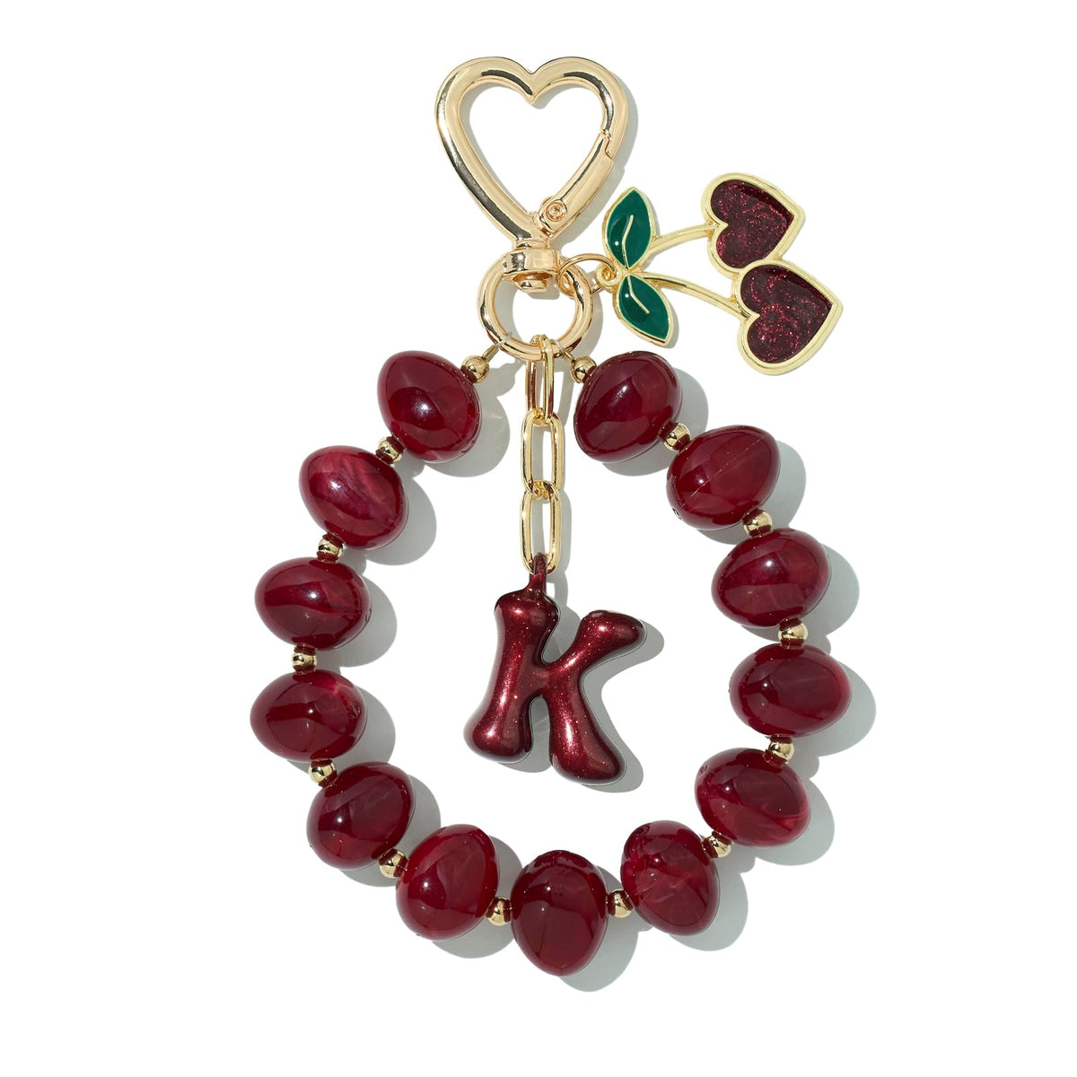 DualCozy Pink/Black Cherry Beaded Bubble Initial Bag Charm Cherry Keychain