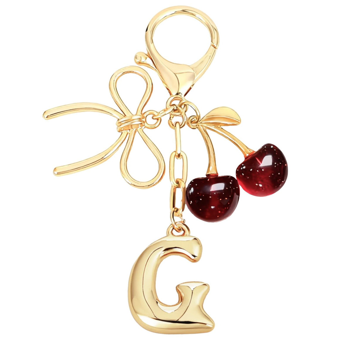 Snycler Bubble Initial Keychain with Bow & Cherry - Gold Letter Bag Charms for Women, Cute Purse Handbag Accessories