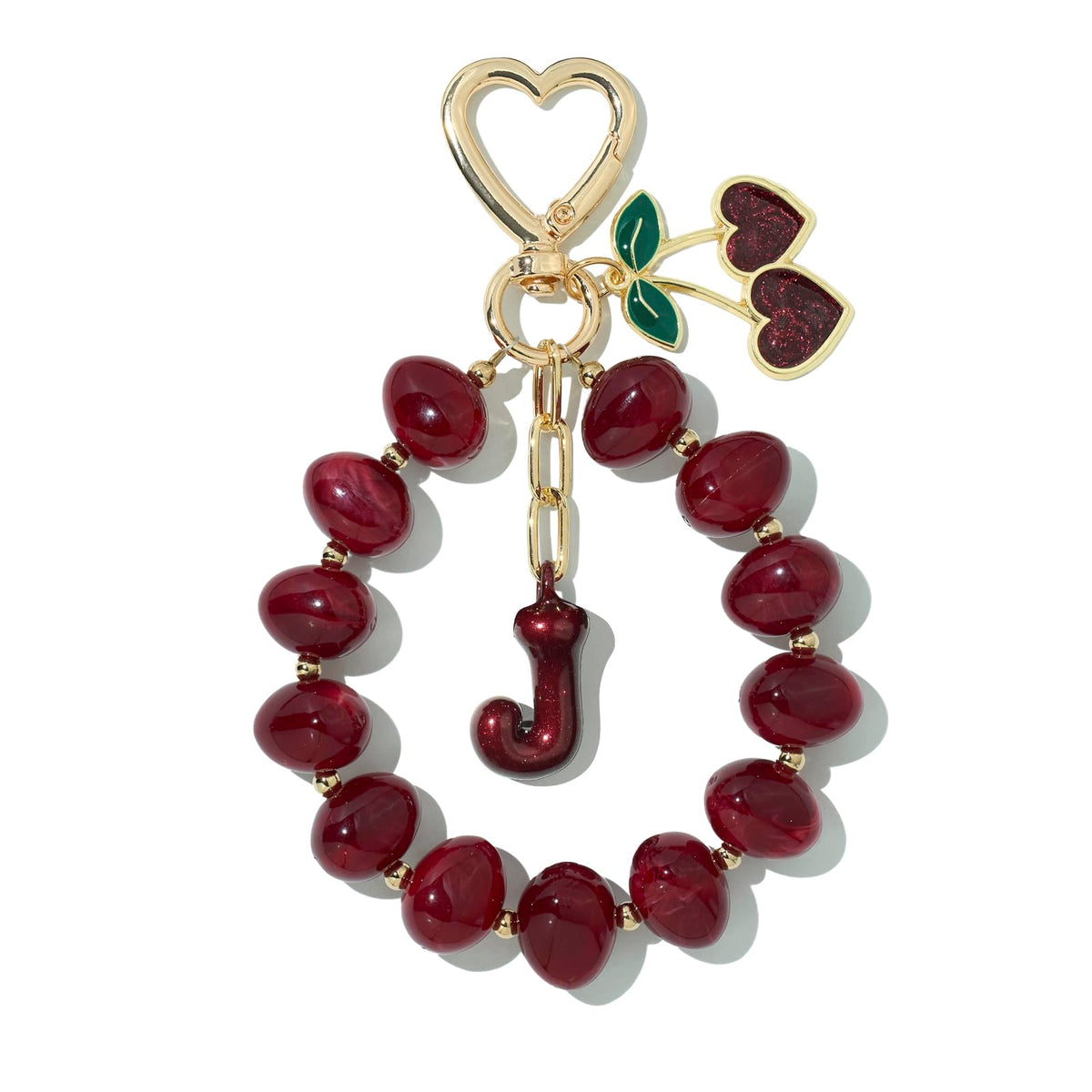 DualCozy Pink/Black Cherry Beaded Bubble Initial Bag Charm Cherry Keychain