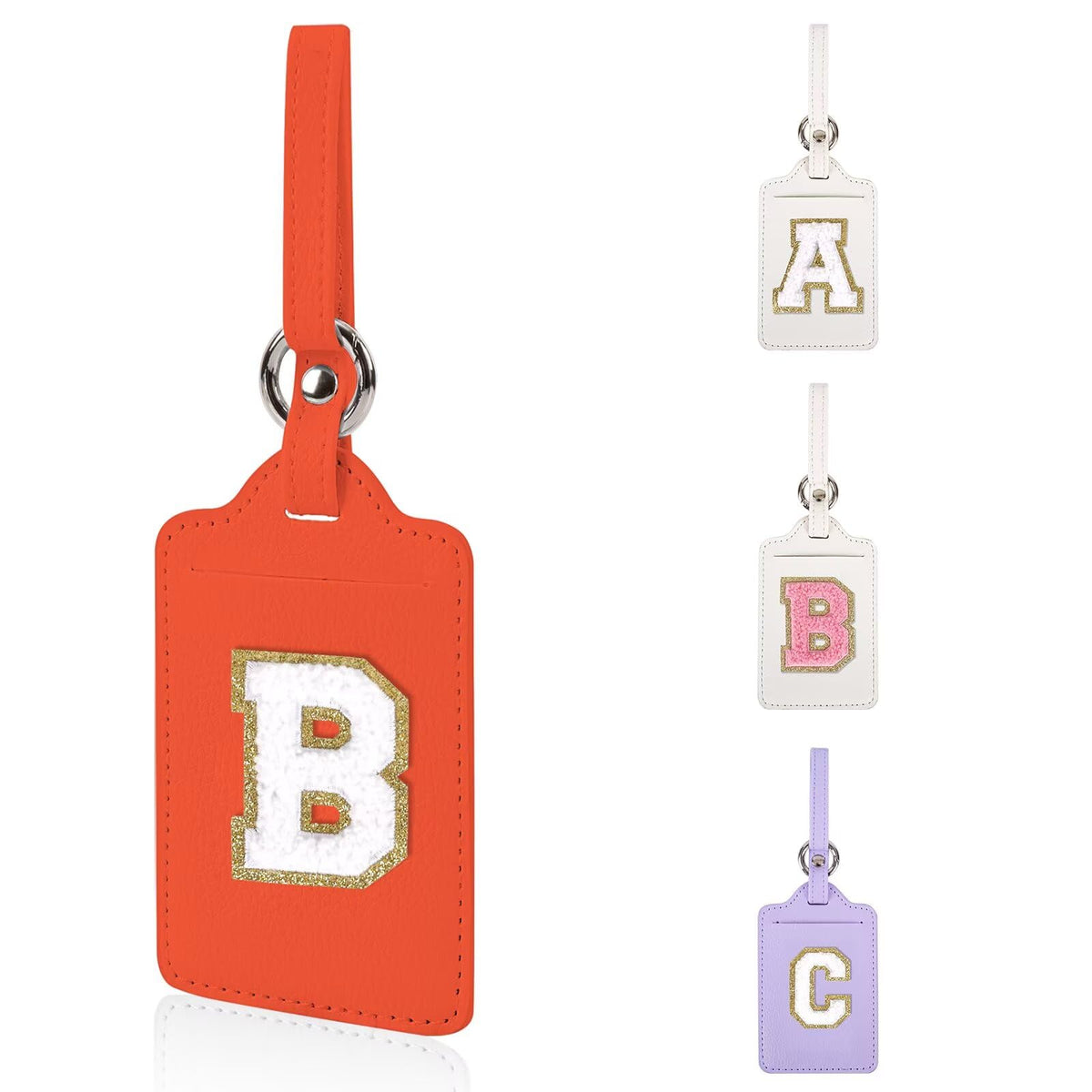 Personalized Initial Luggage Tags for Suitcases, Leather Chenille Letter Cute Luggage Tags with Privacy Name Card, Embroidered Travel Bag Backpack Tag Gifts for Women Kids Girls Teens(Pink-M)