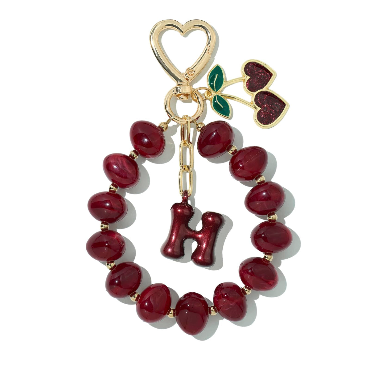 DualCozy Pink/Black Cherry Beaded Bubble Initial Bag Charm Cherry Keychain