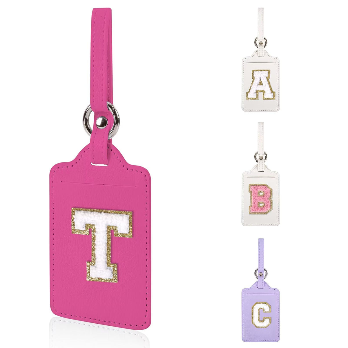 Personalized Initial Luggage Tags for Suitcases, Leather Chenille Letter Cute Luggage Tags with Privacy Name Card, Embroidered Travel Bag Backpack Tag Gifts for Women Kids Girls Teens(Pink-M)