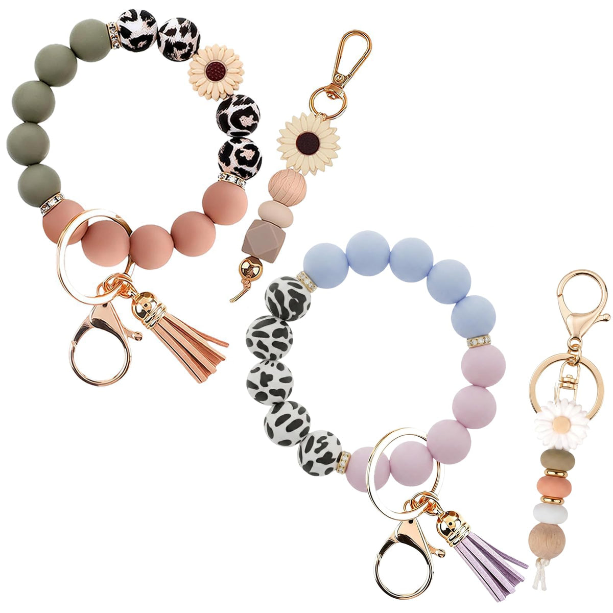 2PCS Bracelet Key Ring Set, Cute Car Key chain Wristlet, Silicone Beaded Bangle keyChains for Women Girls