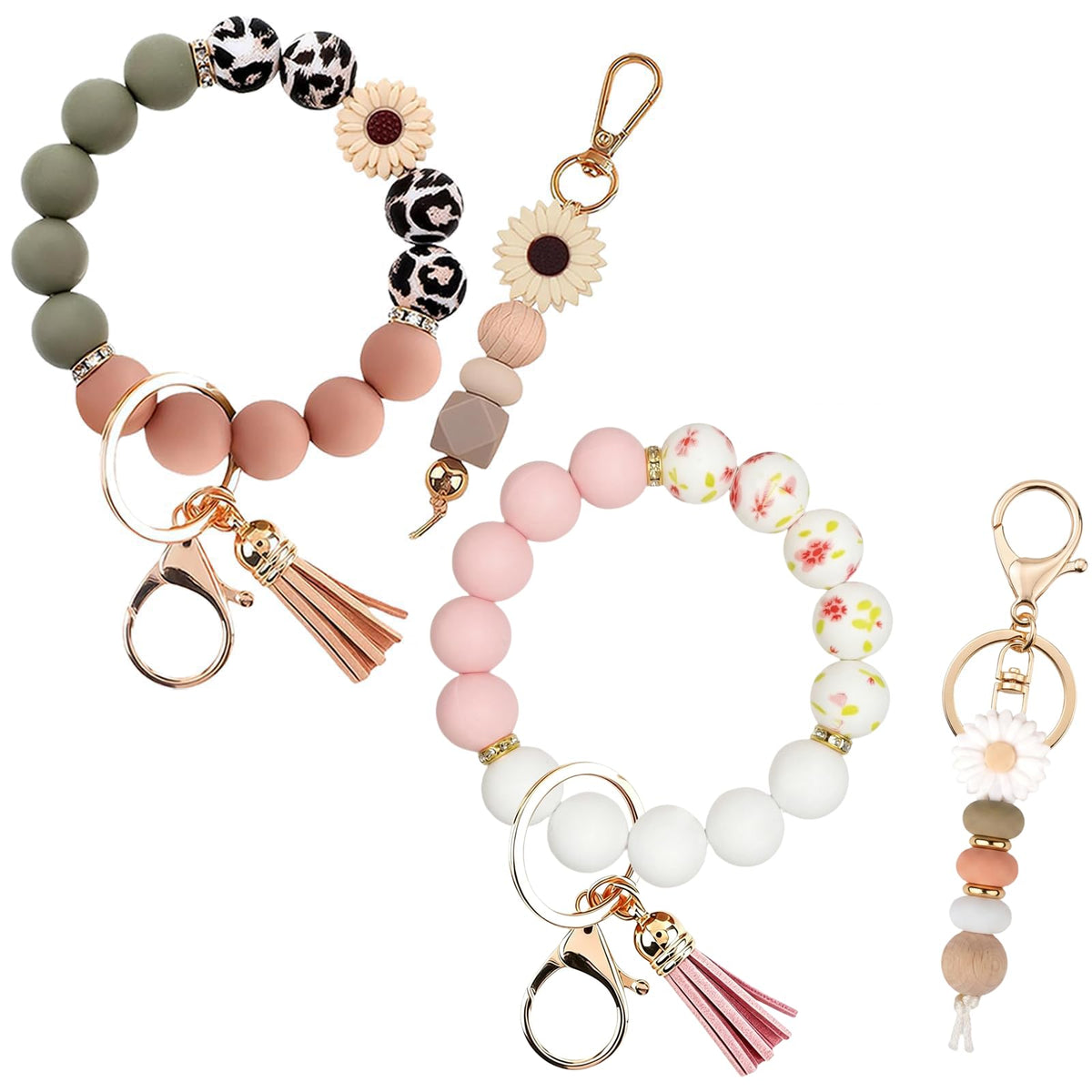 2PCS Bracelet Key Ring Set, Cute Car Key chain Wristlet, Silicone Beaded Bangle keyChains for Women Girls