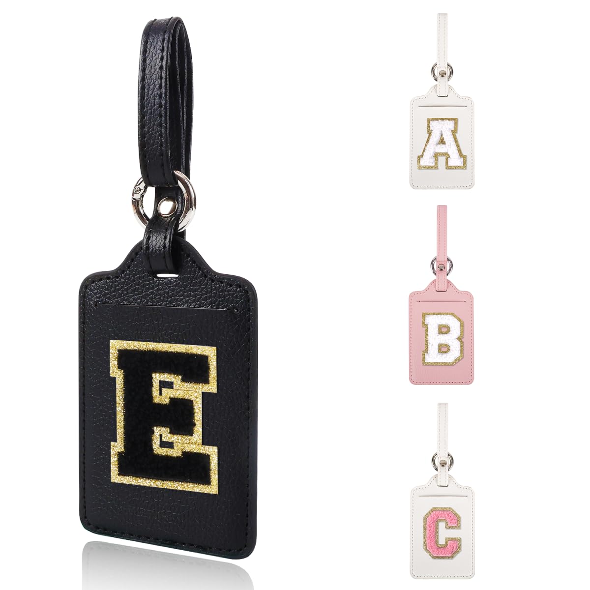 Personalized Initial Luggage Tags for Suitcases, Leather Chenille Letter Cute Luggage Tags with Privacy Name Card, Embroidered Travel Bag Backpack Tag Gifts for Women Kids Girls Teens(Pink-M)