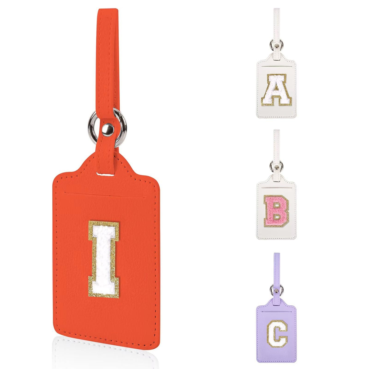 Personalized Initial Luggage Tags for Suitcases, Leather Chenille Letter Cute Luggage Tags with Privacy Name Card, Embroidered Travel Bag Backpack Tag Gifts for Women Kids Girls Teens(Pink-M)