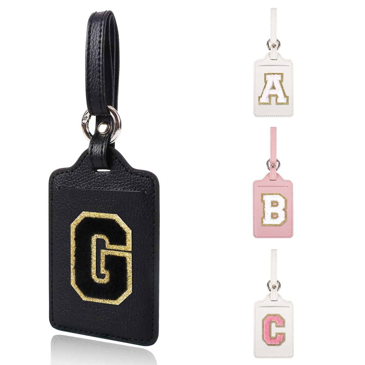 Personalized Initial Luggage Tags for Suitcases, Leather Chenille Letter Cute Luggage Tags with Privacy Name Card, Embroidered Travel Bag Backpack Tag Gifts for Women Kids Girls Teens(Pink-M)