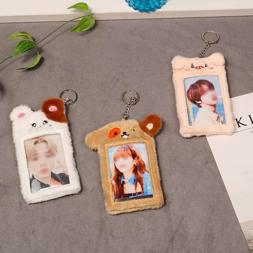 JUMISEE Cute Plush Kpop Photocard Holder with Keychain, Cartoon Bear Photo Sleeve ID Bank Credit Card Holder Protector