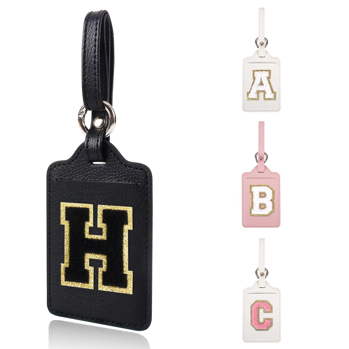 Personalized Initial Luggage Tags for Suitcases, Leather Chenille Letter Cute Luggage Tags with Privacy Name Card, Embroidered Travel Bag Backpack Tag Gifts for Women Kids Girls Teens(Pink-M)