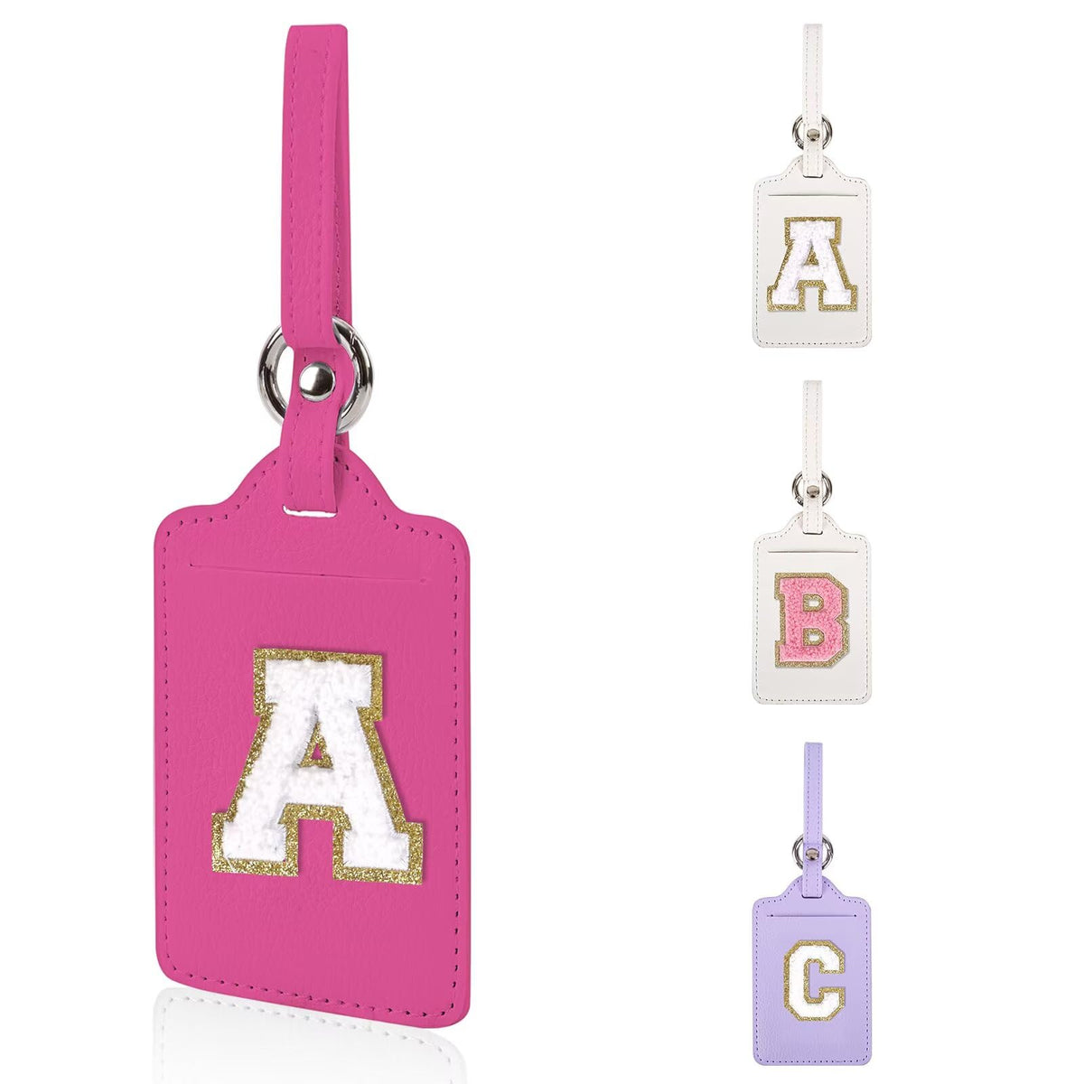 Personalized Initial Luggage Tags for Suitcases, Leather Chenille Letter Cute Luggage Tags with Privacy Name Card, Embroidered Travel Bag Backpack Tag Gifts for Women Kids Girls Teens(Pink-M)