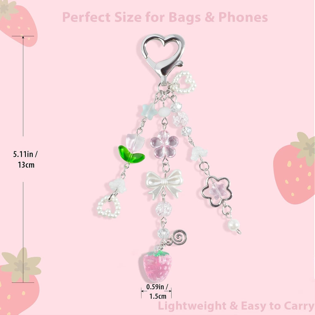 Cute Strawberry Keychain, Pink Aesthetic Bag Charm for Backpack