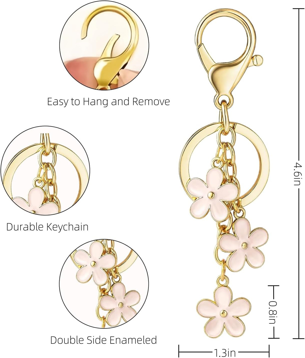 3Pcs Cute Keychain for Women, Flower Enamel Charm Keyring for Handbag Backpack Purse（White,Pink,Black