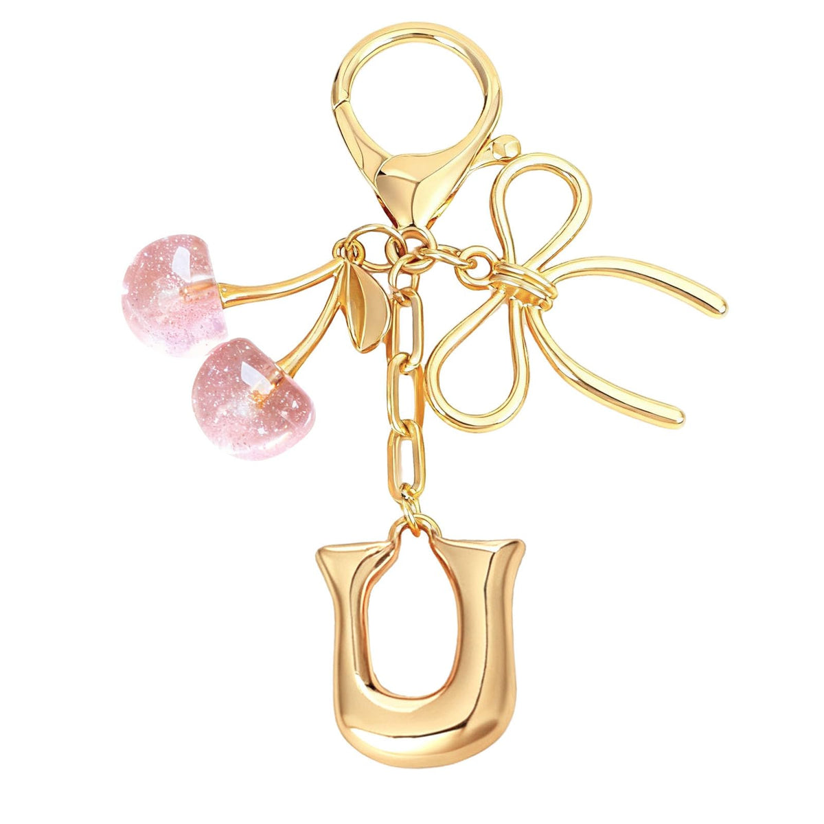 Snycler Bubble Initial Keychain with Bow & Cherry - Gold Letter Bag Charms for Women, Cute Purse Handbag Accessories